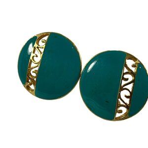 Gold Tone Green Enamel Clip On Earrings Round 1" Lightweight
